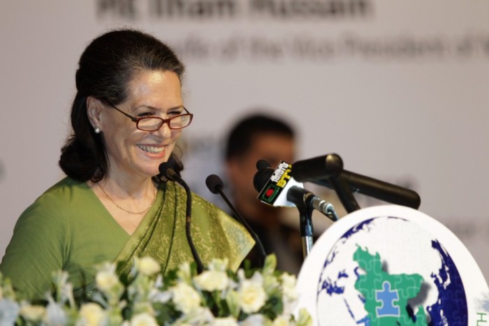 India's Congress Party chief Sonia Gandhi speaks during a conference on autism in Dhaka.