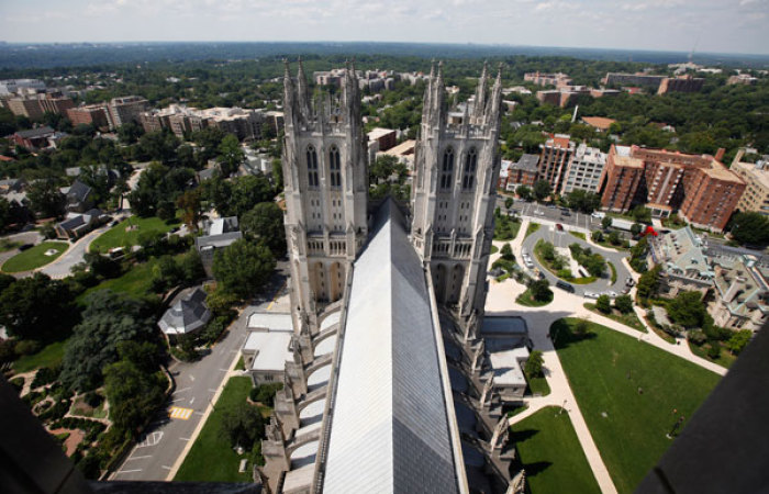 The west front of Washington's National Cathedral is photographed from the damaged main tower after an earthquake August 24, 2011. A 5.8 magnitude quake rattled the U.S. East Coast, sending tremors as far as Canada, damaging well-known buildings in the nation's capital and sending scared office workers into the streets. Washington's National Cathedral, host to state funerals and memorial services for many U.S. presidents, suffered damage with three spires in the central tower breaking off.