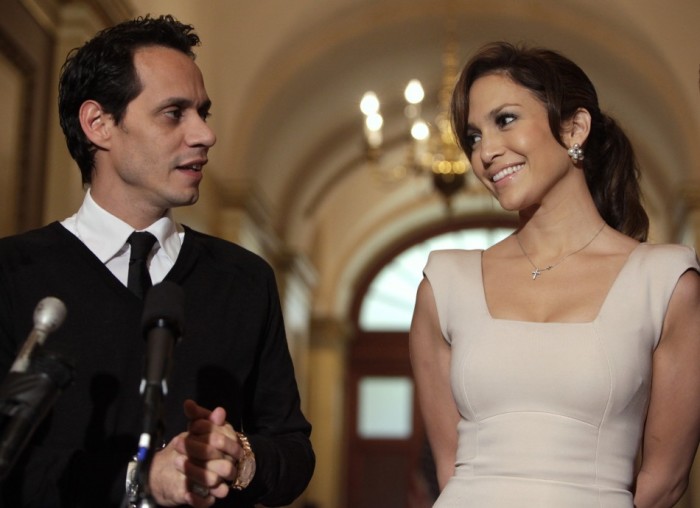 Actress Jennifer Lopez and her husband singer Marc Anthony face reporters before a meeting with House Speaker Pelosi.