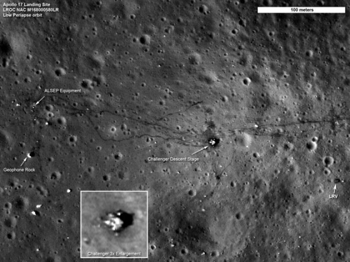 NASA's Lunar Reconnaissance Orbiter (LRO) image released on September 6, 2011 shows the Apollo 17 site on the moon, where the tracks laid down by the lunar rover are clearly visible, along with the last foot trails left on the moon. The images also show where the astronauts placed some of the scientific instruments that provided the first insight into the moon's environment and interior. LRO captured the sharpest images ever taken from space of the Apollo 12, 14 and 17 landing sites. Images show the twists and turns of the paths made when the astronauts explored the lunar surface. NASA says the image brightness and contrast have been altered to highlight surface details.