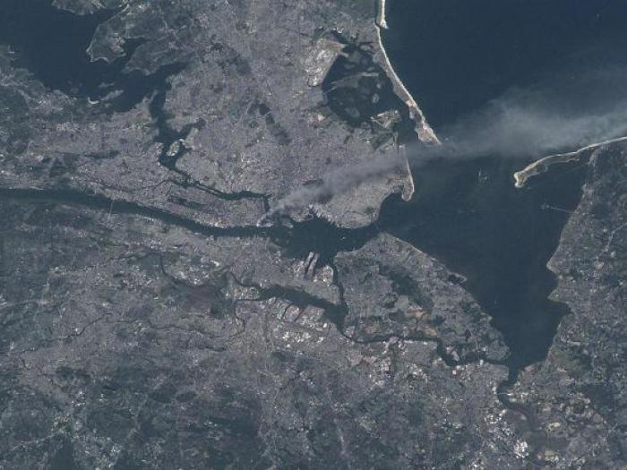 A smoke plume rises from lower Manhattan in this photo by Expedition 3 Commander Frank Culbertson on the morning of Sept. 11, 2001.