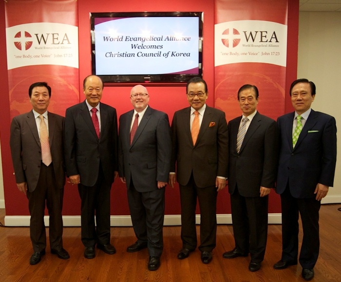 From Left: Rev. Joong Seon Park; former CCK President Rev. Kwang Seon Rhee; WEA Secretary General/CEO Dr. Geoff Tunnicliffe; CCK President Rev. Ja Yeon Kiel; WEA North American Council Board Member Rev. Dr. David Jang; and Rev. Jae Cheol Hong. The WEA and CCK leaders met to confirm the date of the WEA GA 2014 during a meeting Septmeber 9, 2011 at the WEA HQ in New York.