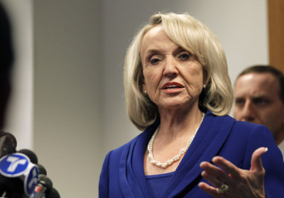 Arizona Governor Jan Brewer speaks at a news conference following a hearing over the state's SB1070 immigration law at the U.S. Ninth Circuit Court of Appeals in San Francisco, California November 1, 2010.