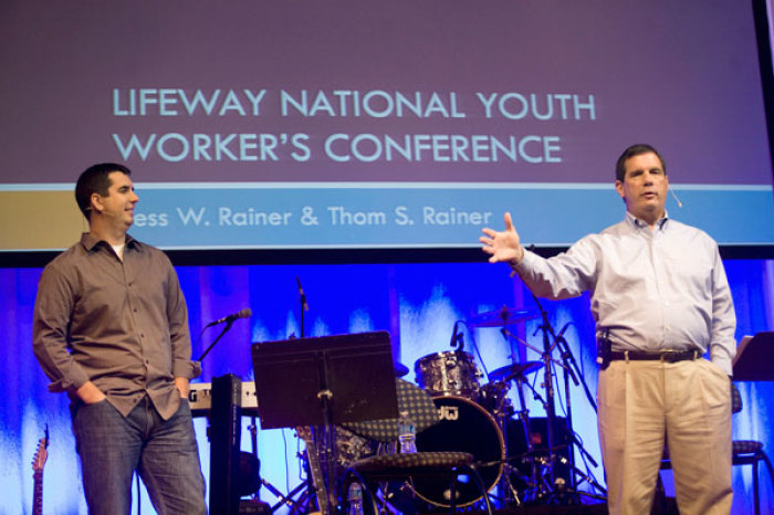 Thom Rainer, president of LifeWay Christian Resources, and his son, Jess, speak at LifeWay National Youth Workers Conference in Nashville, Tennessee, on Wednesday, September 14, 2011.