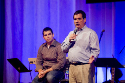 Thom Rainer, president of LifeWay Christian Resources, and his son, Jess, speak at LifeWay National Youth Workers Conference in Nashville, Tennessee, on Wednesday, September 14, 2011.