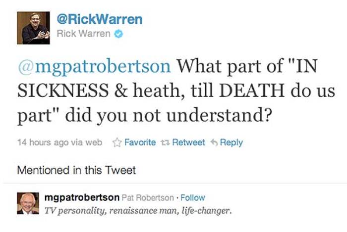 Rick Warren Reacts to Pat Robertson on Twitter.