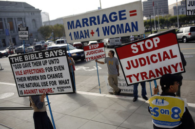 Supporters of California's Proposition 8 ban on gay marriage protest outside the California Supreme Court in San Francisco, California before a hearing on the initiative September 6, 2011.
