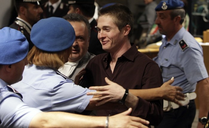 Raffaele Sollecito smiles after the verdict was read during his appeal trial in Perugia October 3, 2011. An Italian court cleared 24-year-old American Amanda Knox and her former boyfriend Sollecito of murdering British student Meredith Kercher in 2007 and ordered them to be set free on Monday after nearly four years in prison for a crime they always denied committing. Seattle native Knox and Italian computer student Sollecito, had appealed against a 2009 verdict that found them guilty of murdering 21-year-old Kercher during what prosecutors said was a drug-fuelled sexual assault four years ago.