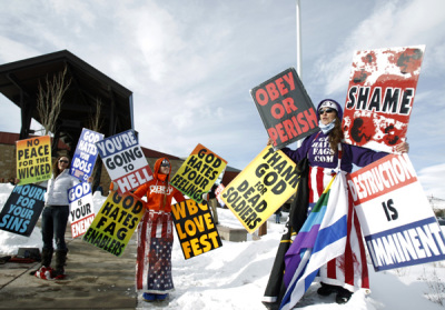 Members from the Westboro Baptist Church protest the upcoming premiere of 'Red State' during the Sundance Film Festival in Park City, Utah January 23, 2011.