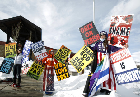 Members from the Westboro Baptist Church protest the upcoming premiere of "Red State" during the Sundance Film Festival in Park City, Utah January 23, 2011.