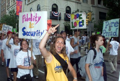 Youths from the Pure Love Alliance march in the streets of Philadelphia, July 29, 2000, to promote sexual abstinence and fidelity as a way to prevent teen pregnancies and sexually transmitted diseases. The Republican National Convention will begin July 31 and continue to Aug. 3.