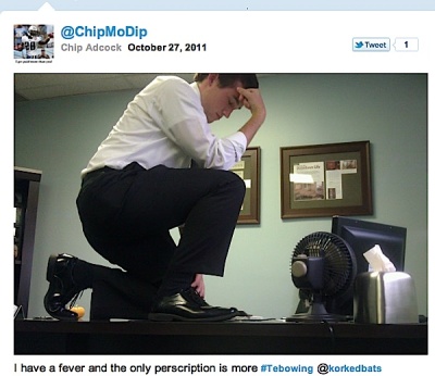 Chip Adcock (@ChipMoDip) published this image of himself imitating Tim Tebow on Oct. 27, 2011.