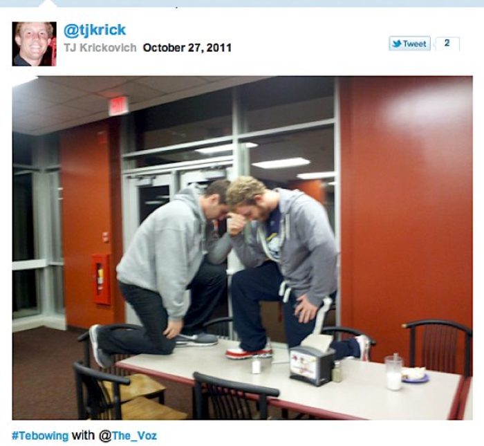 TJ Krickovich (@tjkrick) published this image of himself imitating Tim Tebow on Oct. 27, 2011.