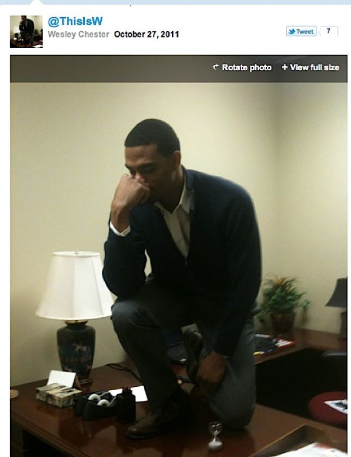 Wesley Chester (@ThisIsW) published this image of himself imitating Tim Tebow on Oct. 27, 2011.