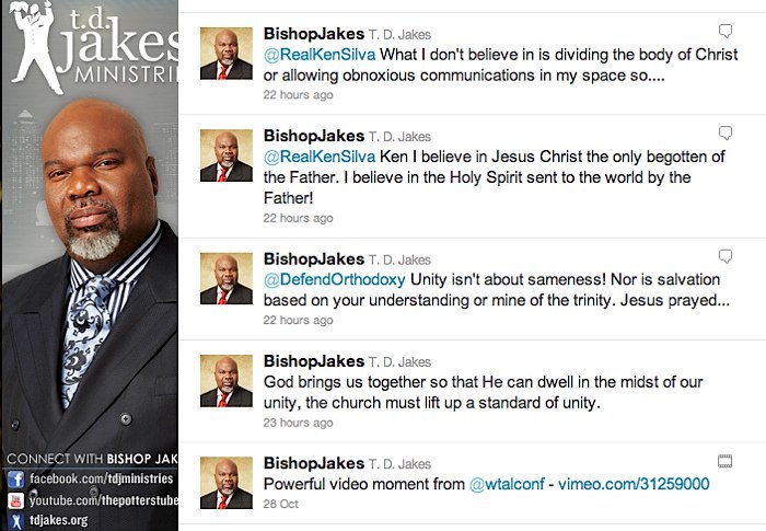 Bishop T.D. Jakes, senior pastor of The Potter's House in Dallas, Texas, was questioned Oct. 28, 2011, about his views regarding the Holy Trinity on Twitter.