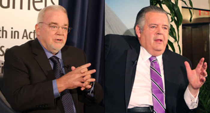 Jim Wallis (left) and Richard Land discuss religion's role in the 2012 presidential election at D.C.'s National Press Club Wednesday, Nov. 2, 2011.