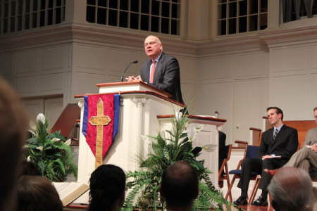 The Rev. Dr. Tim Keller, senior pastor of Redeemer Presbyterian Church in New York City, delivers the sermon at John Stott's U.S. memorial service in Wheaton, Illinois, on Friday, November 11, 2011.