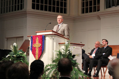 The Rev. Dr. Christopher Wright, international director of Langham Partnership (London), speaks at John Stott's U.S. memorial service in Wheaton, Illinois, on Friday, November 11, 2011.