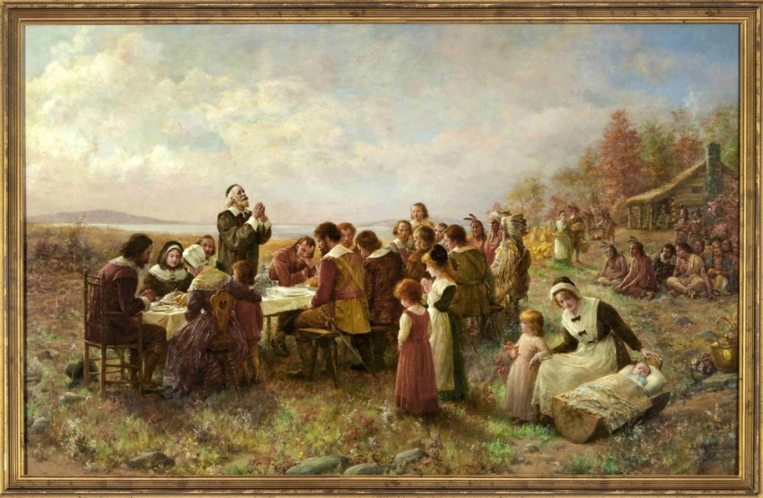 "The First Thanksgiving at Plymouth", by Jennie Brownscombe offers an early 20th century perspective on the 1621 event. Courtesy Pilgrim Hall Museum.