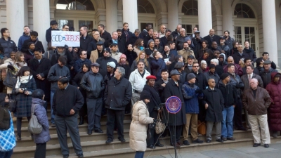 New York City pastors, state assembly members, council members and churchgoers gathered Thursday at City Hall to urge the city to overturn a policy banning worship meetings in public schools.