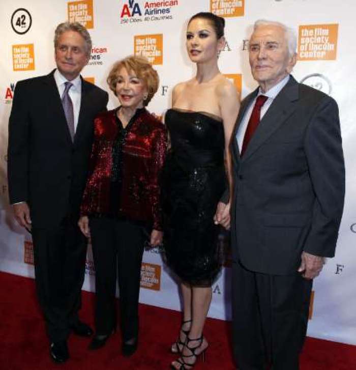 Honoree Michael Douglas, Anne Buydens Douglas, Catherine Zeta-Jones and Kirk Douglas (L-R) arrive for The Film Society of Lincoln Center's 2010 Chaplin Award Gala honoring award-winning actor and producer Michael Douglas in New York City May 24, 2010.