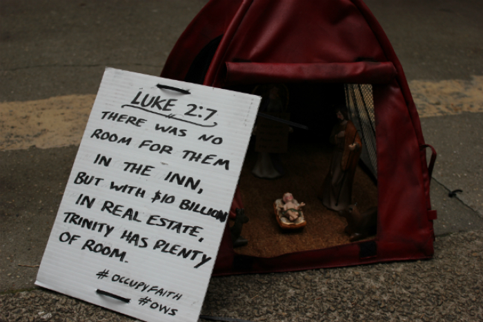 A small nativity scene set up in the style of the Occupy movement, calling for protesters to be be allowed a piece of land.