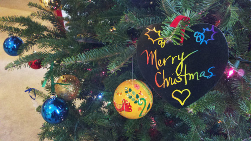 A "Merry Christmas" sign is seen here on a Christmas tree.