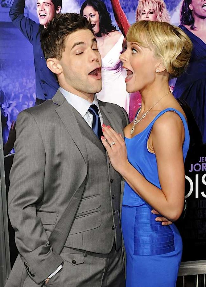 Actor Jeremy Jordan and wife Ashley Spencer arrive at the Hollywood premiere of 'Joyful Noise' in Los Angeles, Calif., Jan. 9, 2012.