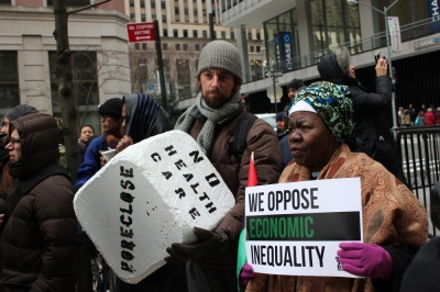 Participants of the 'Occupy the Dream' rally are seen Jan. 16, 2012, Martin Luther King Day, in Manhattan's financial district protest in front of the Federal Reserve Bank of New York.