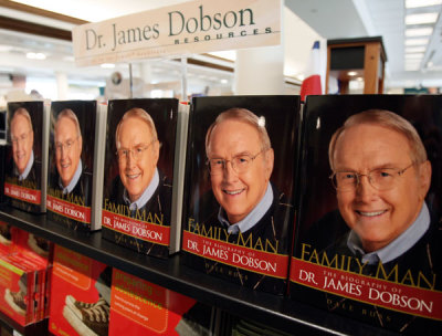 Copies of <em>Family Man</em> the biography of Dr. James Dobson, founder of Focus on the Family, are seen in the bookstore at the Focus headquarters in Colorado Springs, Colorado July 20, 2007.