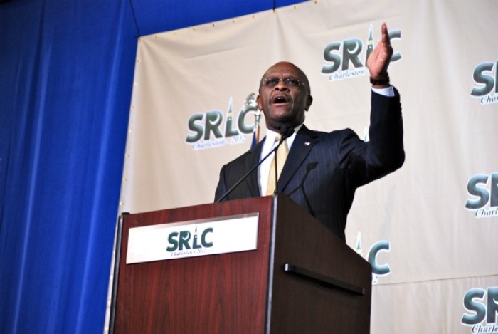 Former GOP presidential candidate Herman Cain speaks to the Southern Republican Leadership Conference in Charleston, South Carolina. January 19, 2012.
