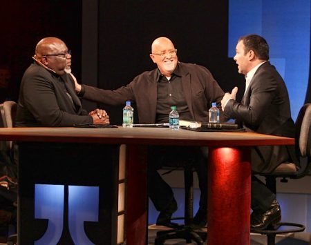 (L-R) T.D. Jakes, James MacDonald and Mark Driscoll appear at "The Elephant Room" 2012 roundtable on Jan. 25, 2012.