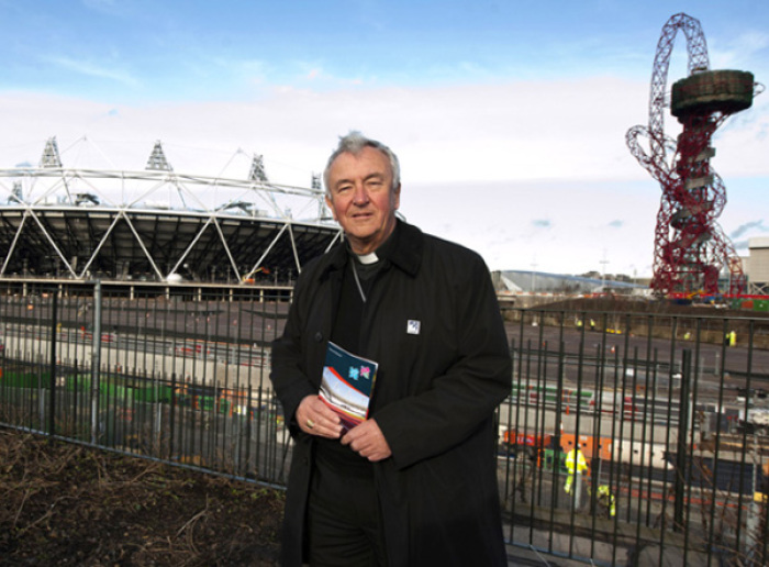 Archbishop of Westminster Vincent Nichols with the London Olympic Park in the background.