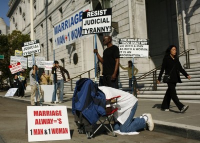 Supporters of California's Proposition 8 ban on same-sex marriage protest outside the California Supreme Court in San Francisco, Calif., Sept. 6, 2011.