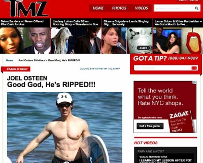 TMZ was the first to publicize this image of Pastor Joel Osteen of Lakewood Church in Houston, Texas, on the beach in Hawaii, as seen in this screen grab of the celebrity news website's report.