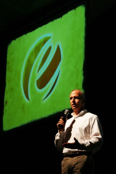 Alan Chambers, president of Exodus International, is seen here speaking in front of the organization's logo.
