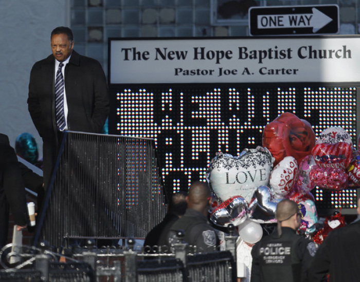 Reverend Jesse Jackson arrives for the funeral service of pop singer Whitney Houston, at the New Hope Baptist Church in Newark, New Jersey February 18, 2012. Houston, 48, died in a Beverly Hills hotel room on February 11, the eve of the music industry's Grammy Awards.