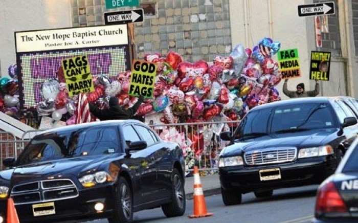 Westboro Baptist Church's photo of them protesting Whitney Houston's funeral Saturday, Feb. 18, 2012.