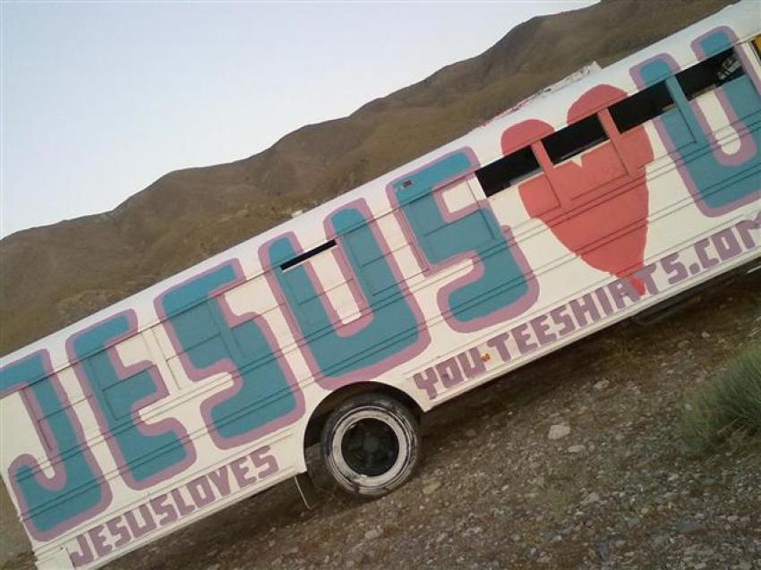 Cas Sowinski spreads the Gospel throughout the states in his "Jesus Loves You" bus.