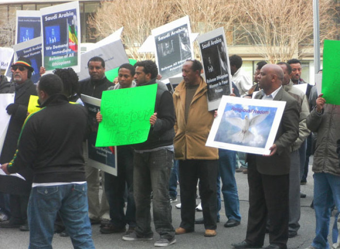 A protest on Tuesday, February 21, 2012 by the Ethiopian community in front of the Saudi Arabian Embassy in response to the detaining of 35 Ethiopian Christians in December 2011.
