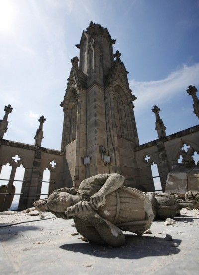 A damaged stone angel is pictured on the roof of the main tower of Washington's National Cathedral after an earthquake Aug. 24, 2011.