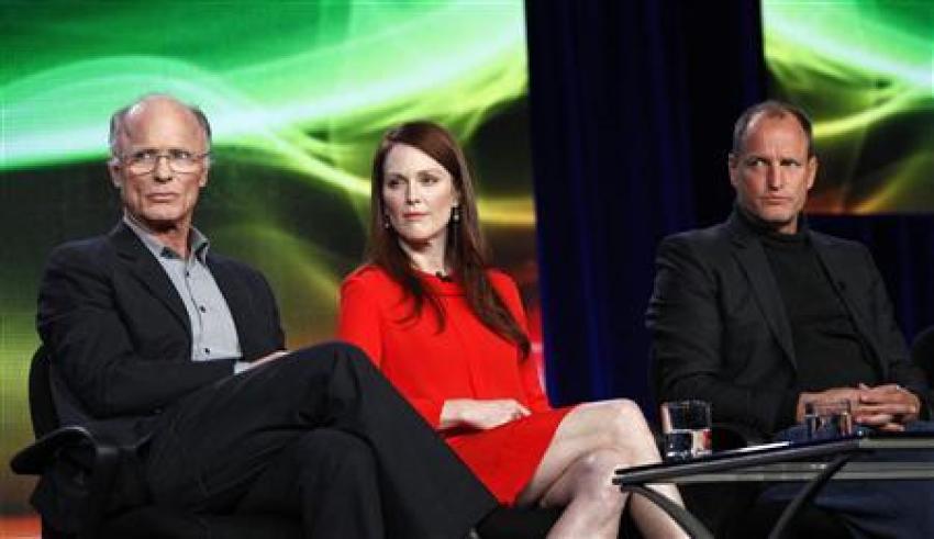 Cast members Ed Harris (L), Julianne Moore and Woody Harrelson attend the panel for the HBO television film "Game Change" at the Television Critics Association winter press tour in Pasadena, Calif., Jan. 13, 2012.
