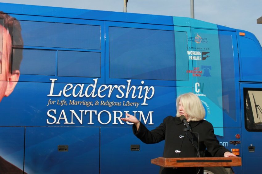 Marilyn Musgrave, vice president of SBA List, in front of the "Rick Bus."