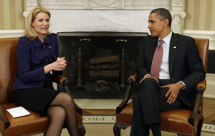 U.S. President Barack Obama and Danish Prime Minister Helle Thorning-Schmidt talk in the Oval Office of the White House in Washington February 24, 2012.