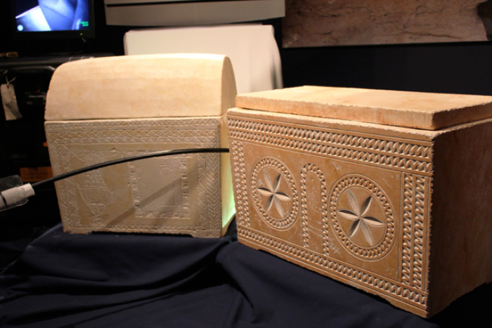 Replicas of two ossuaries (bone boxes) discovered on a site in Jerusalem, which some scientists believe to be tombs related to Jesus Christ and his family. Here seen presented at Discovery Times Square in New York during a press conference on Feb. 28, 2012. The originals remain at the site and it is impossible to remove them at the time, the scientists said.
