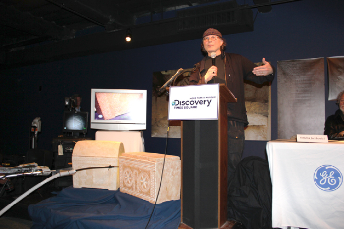 Documentary filmmaker Simcha Jacobovici recounts the discovery of what he and a few other experts claim to be bone boxes coming from Jerusalem tombs related to Jesus Christ and the early history of Christianity, at Discovery Times Square in New York during a press conference on Feb. 28, 2012.