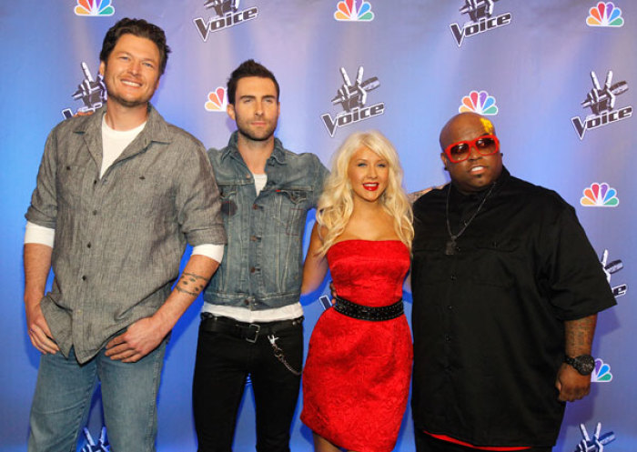 Singers (L-R) Blake Shelton, Adam Levine, Christina Aguilera and Cee Lo Green pose during a media event for the upcoming television series 'The Voice' in Los Angeles March 15, 2011. Aguilera, Shelton, Green and Levine are coaches for participants in the reality television singing competition, which premieres on NBC April 26.