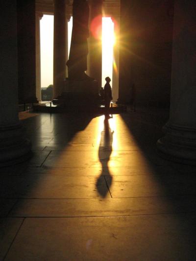 Kirk Cameron reading the inscription on the wall of the Jefferson Memorial in Washington, D.C.