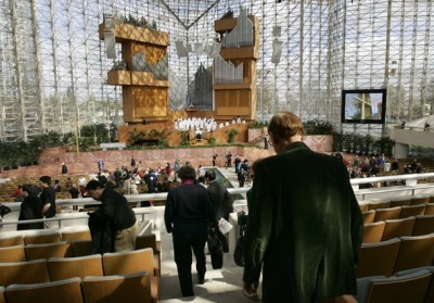 Worshippers depart a church service at the Crystal Cathedral megachurch in Garden Grove, California, March 18, 2012.