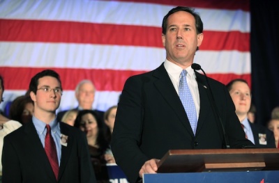U.S. Republican presidential candidate Rick Santorum addresses supporters at his Wisconsin and Maryland primary night rally in Mars, Pennsylvani, April 3, 2012.